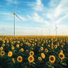 a vibrant sunflower field with wind turbines under a blue sky.