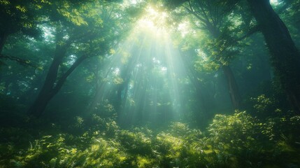 Wall Mural - A forest with sunlight shining through the trees