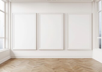 Wall Mural - Minimalist white interior with three large blank frames on a white wall and a herringbone wood floor