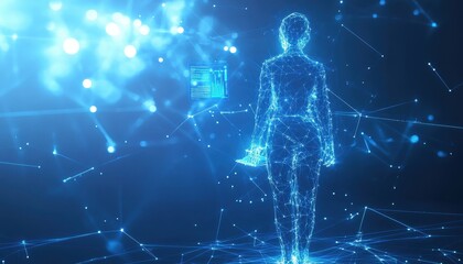 Poster - digital woman walking through network connections