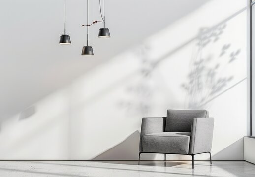 Modern minimalist living room interior with grey armchair. white walls. and large window with sunlight streaming in