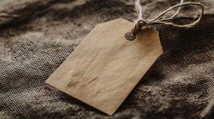 Vintage paper tag with string on textured fabric background.