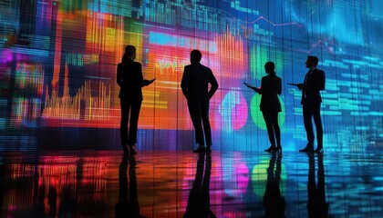 Poster - Businesspeople Analyze Vibrant Data Visualization Wall