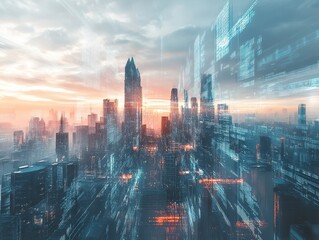 Poster - Futuristic Cityscape with Digital Data Overlay at Sunset