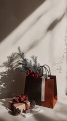 A minimalist Christmas composition with a gift box, pinecones, and a festive paper bag filled with pine branches and red berries, lit by soft natural sunlight and shadows.