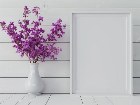 White frame mockup with purple flowers in a vase against a white wood wall