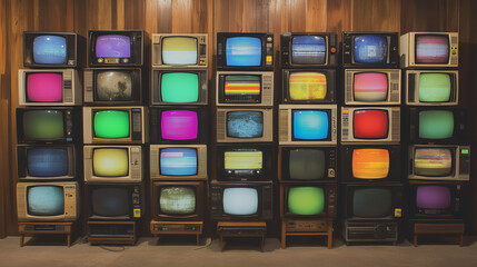 Wall of vintage multimedia streaming television displaying various screen colors. lcd screen with background
