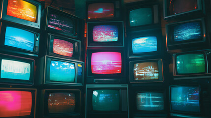 Wall of vintage multimedia streaming television displaying various screen colors. lcd screen with background