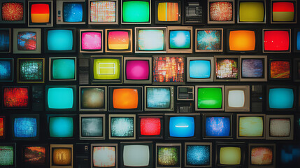 Wall of vintage multimedia streaming television displaying various screen colors. lcd screen with background