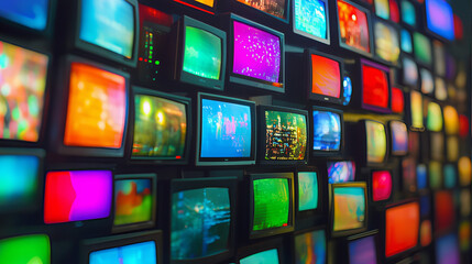 Wall of vintage multimedia streaming television displaying various screen colors. lcd screen with background