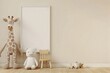© PERFECTisME - Empty frame on the wall with teddy bear and giraffe toys in a kid s room
