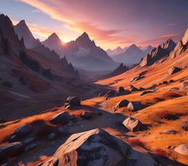 Wall Mural - dramatic mountain landscape with a vivid sunset casting long shadows, sun, purple
