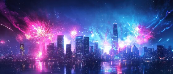 Aufkleber - A bustling city skyline illuminated by vibrant fireworks exploding in the night sky
