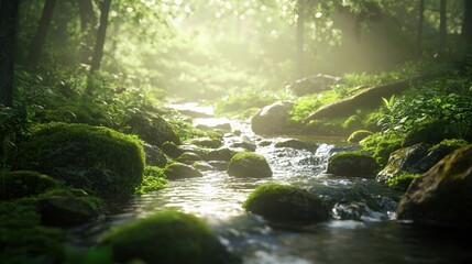 Poster - A gentle stream flowing through a lush green forest, surrounded by moss-covered rocks and soft sunlight