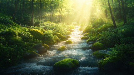 Poster - A gentle stream flowing through a lush green forest, surrounded by moss-covered rocks and soft sunlight
