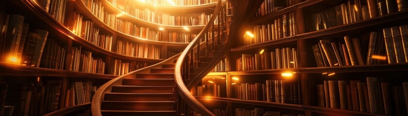 Poster - A grand library with towering shelves filled with old books and a spiral staircase bathed in warm light -