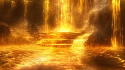 Poster - A dynamic depiction of golden waterfalls cascading into a glowing pool.