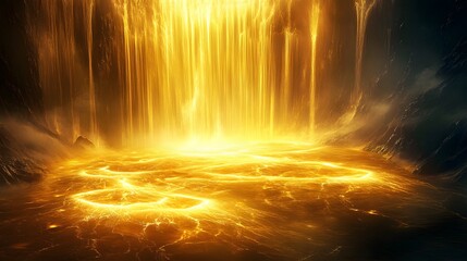 Poster - A dynamic depiction of golden waterfalls cascading into a glowing pool.