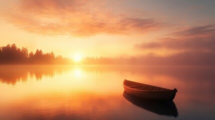 Poster - A serene lake reflecting the warm hues of a sunrise, with a small boat anchored near the shore