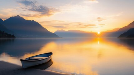 Poster - A serene lake reflecting the warm hues of a sunrise, with a small boat anchored near the shore