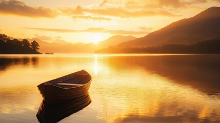 Aufkleber - A serene lake reflecting the warm hues of a sunrise, with a small boat anchored near the shore