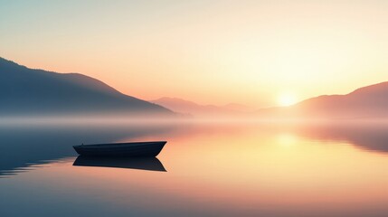 Aufkleber - A serene lake reflecting the warm hues of a sunrise, with a small boat anchored near the shore