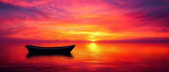 Poster - A small fishing boat floating on calm water as the sun rises, painting the sky in shades of orange and pink