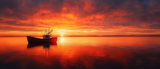 Poster - A small fishing boat floating on calm water as the sun rises, painting the sky in shades of orange and pink