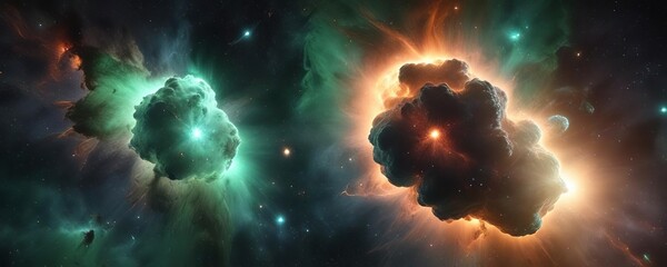 Wall Mural - a stunning cosmic scene featuring a nebula with swirling green and orange gases against a dark backg