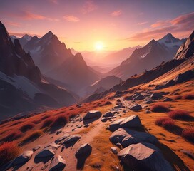 Wall Mural - dramatic mountain landscape with a vivid sunset casting long shadows, view, sky