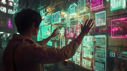 Poster - A cyberpunk market where holograms are used as signs for stores