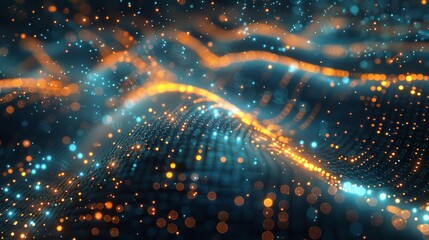 Poster - Digital wave of data points in a digital technology background.