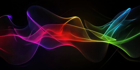 A futuristic abstract background with floating lines and shapes, blending bright neon colors over a dark gradient.