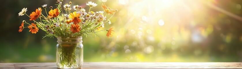Poster - brightly colored wildflowers arranged in a mason jar, catching the sunlight on a rustic windowsill