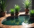 © methinee - Aloe vera plants in a small pool of water on a table, simple, natural
