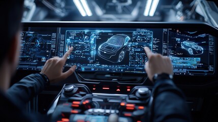 Poster - Engineer operating a digital console in a high-tech car manufacturing facility