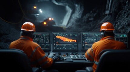 Aufkleber - Engineers monitoring operations on an underground mining dashboard with glowing orange displays