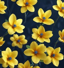 Wall Mural - Soft yellow petals unfolding against a deep blue background, still life, peaceful, photo