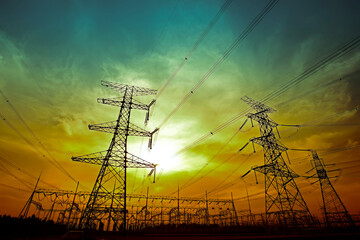Wall Mural - electric tower, silhouette at sunset
