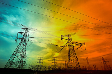 Wall Mural - electric tower, silhouette at sunset