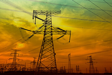 Wall Mural - electric tower, silhouette at sunset