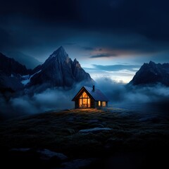 Poster - Isolated mountain cabin at dusk
