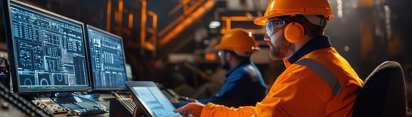 Poster - Mining operation control room with engineers analyzing data screens, orange lights reflecting off surfaces