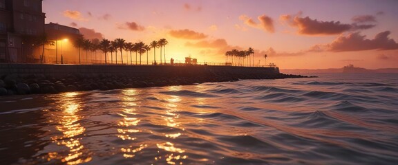 Wall Mural - the warm glow of sunset illuminates a harbour wall as the tide rises with the waves , serene, light
