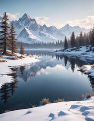 Sticker - a peaceful winter landscape with snow-covered mountains and a frozen lake in the background, winter wonderland, icy landscape, snow