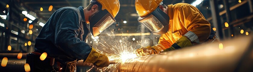 Poster - Oil pipeline engineers inspecting welds under glowing sparks and ambient orange lights