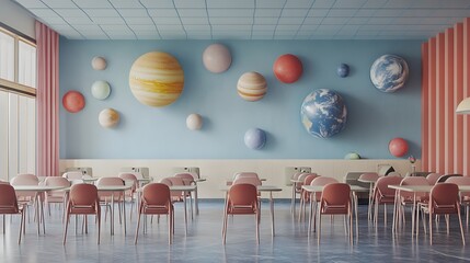 Poster - A futuristic classroom where holographic planets float above students' desks 