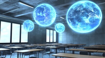 Poster - A futuristic classroom where holographic planets float above students' desks 