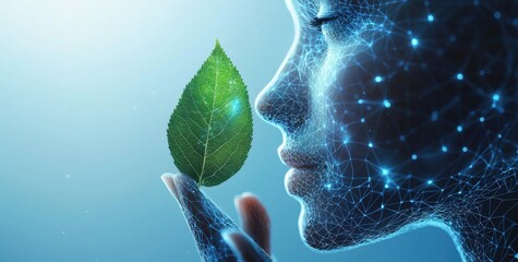 Poster - futuristic human face with glowing digital network and leaf connection
