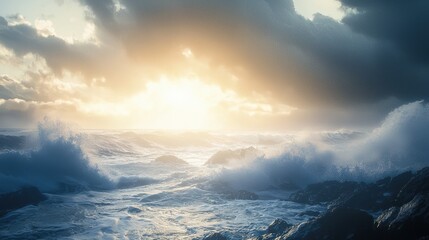 Poster - Powerful waves crashing against jagged rocks under a dramatic cloudy sky